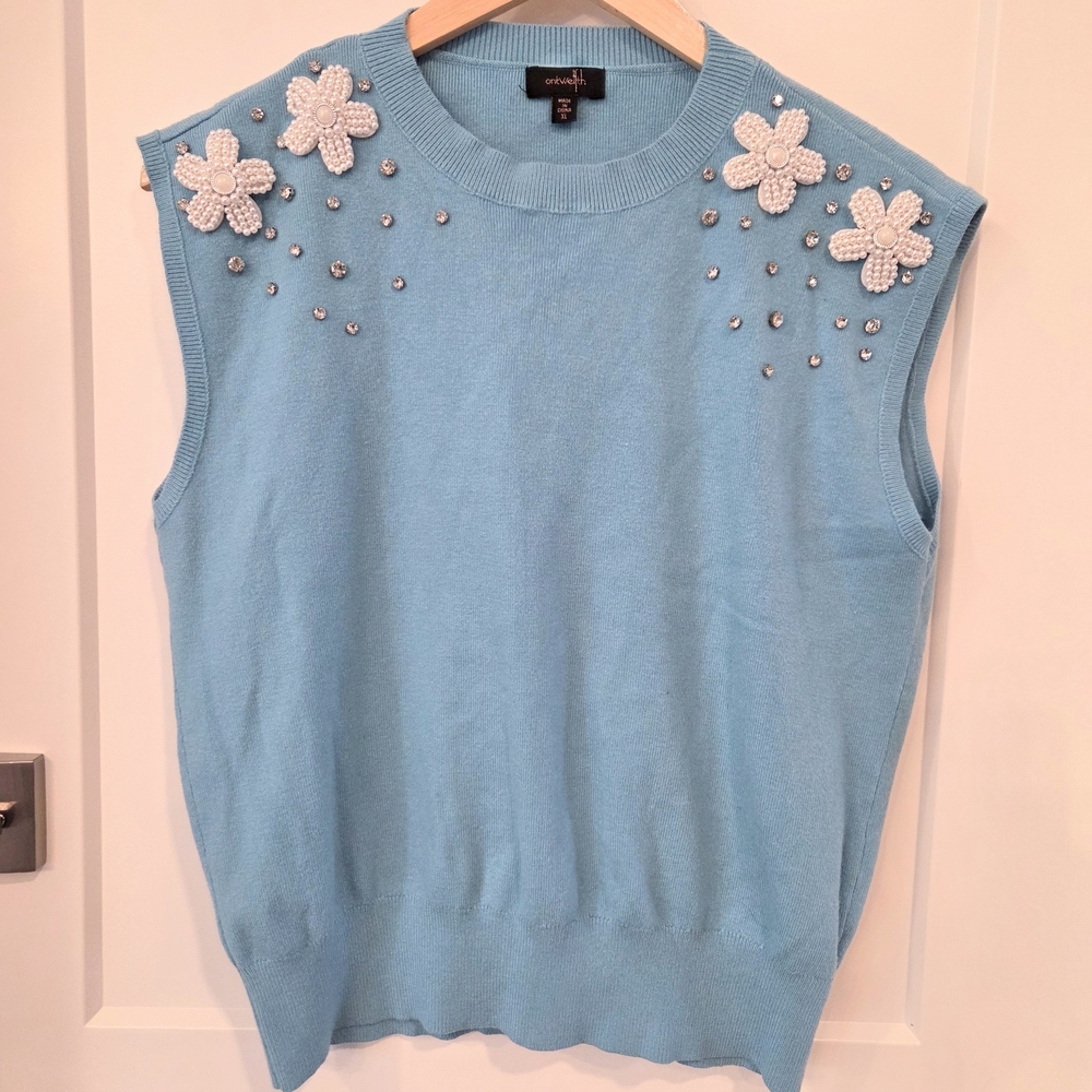 OntWelfth Embellished Jeweled Sleeveless Knit Pearl Floral Applique Retro Blue